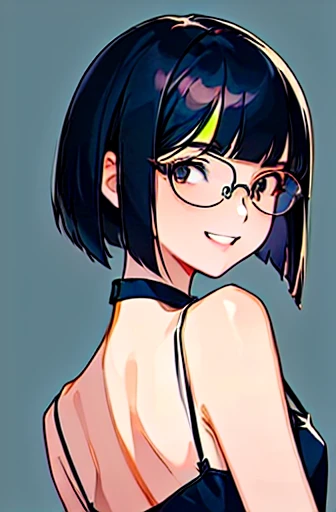 (masterpiece), (8k, best quality, high resolution), (ultra-detailed, realistic), (anatomically correct),  
((Portrait)), (Standing), (((looking back))), (No background),
(1woman),  (looking at viewer), (show your back), 
(A Japanese woman, 30 years old and 155cm tall.), 
(black hair), (straight hair), (short hair style), (bob cut), (hair behind ears), 
(wear glasses), ((black cell frame glasses)), 
((Wear a navy blue spaghetti strap dress)),((Mini length dress with a simple design and minimal decoration)),  
(Create a detailed image of the eye), 
(Her impression is pure, clean and kind.), 
((A captivating smile, just showing a few teeth.)), 　 
