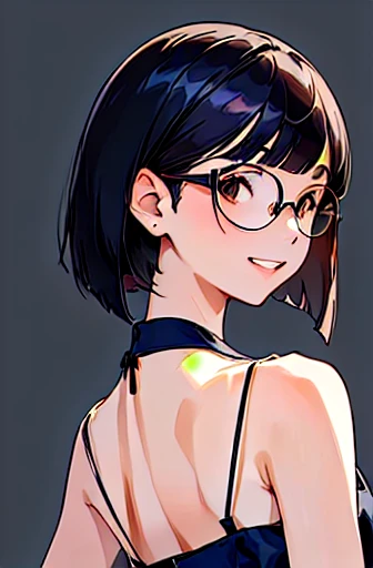 (masterpiece), (8k, best quality, high resolution), (ultra-detailed, realistic), (anatomically correct),  
((Portrait)), (Standing), (((looking back))), (No background),
(1woman),  (looking at viewer), (show your back), 
(A Japanese woman, 30 years old and 155cm tall.), 
(black hair), (straight hair), (short hair style), (bob cut), (hair behind ears), 
(wear glasses), ((black cell frame glasses)), 
((Wear a navy blue spaghetti strap dress)),((Mini length dress with a simple design and minimal decoration)),  
(Create a detailed image of the eye), 
(Her impression is pure, clean and kind.), 
((A captivating smile, just showing a few teeth.)), 　 
