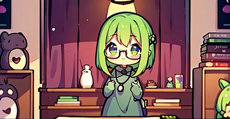 A green haired woman with violet eyes and glasses with an hourglass figure in a cute sweatshirt dress is streaming in her room