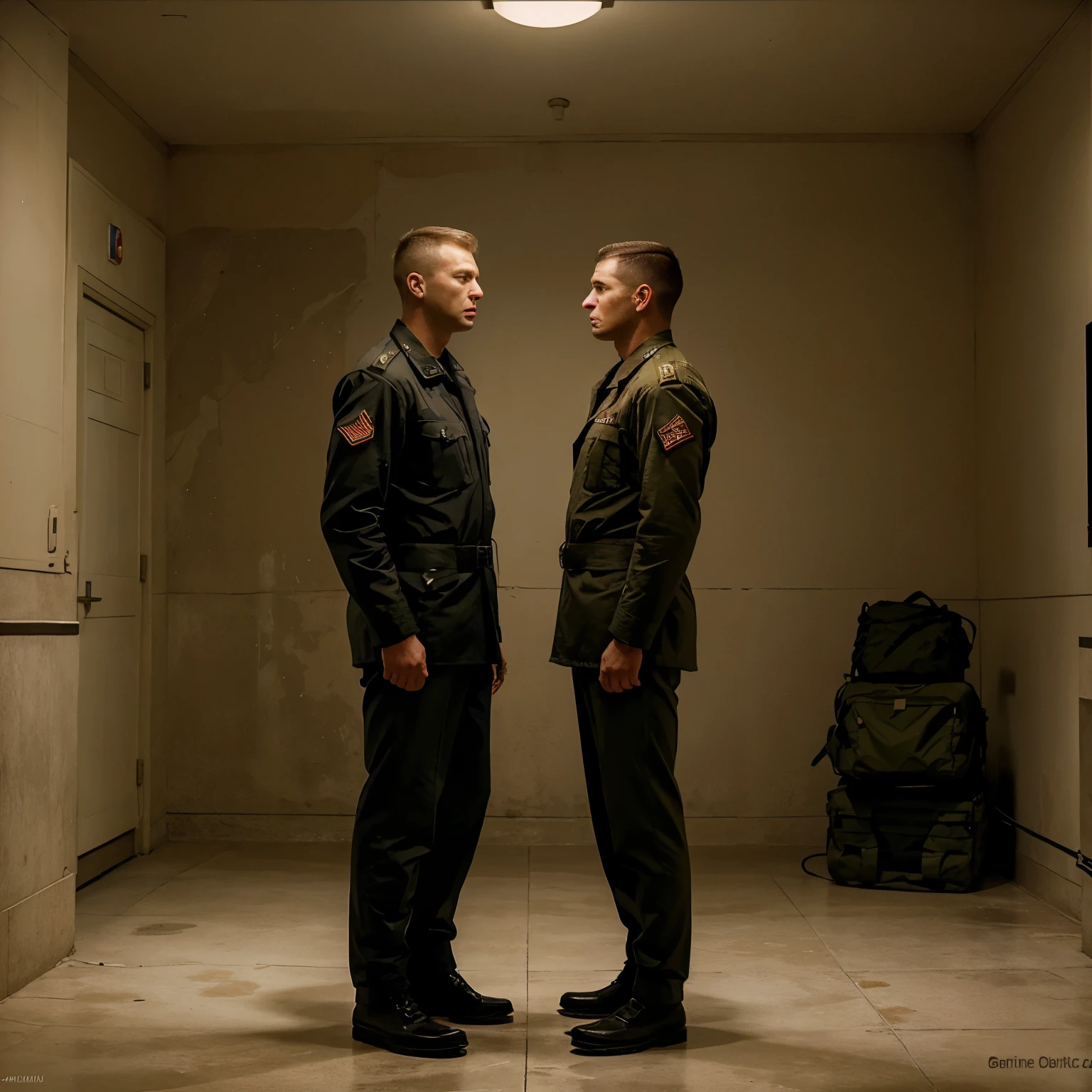 Dibujo de "the Cold War" , two soldiers face to face and things related to their ideology behind