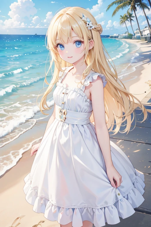 masterpiece, highest quality, High resolution, One 、blue eyes、
Blonde、Vertical Roll、White dress、Stroll along the sandy beach