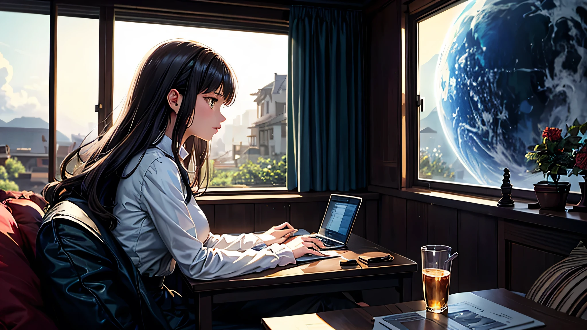 alone, Singular light, woman, face seen from the side, sideways, cosmic, fantsy, looking away:1.4, adult, busty, Ghibli-like design, living room, sitting, dark hair, studying, Completely, landscape orientation, side view, music