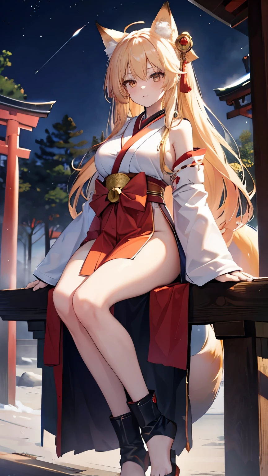 female up,shrine,torii,Moonlit Night,Toned body,Blonde,Long Hair,Golden Eyes,Hakama,Fox ears,Fox tail,Fox Mask,Large Breasts