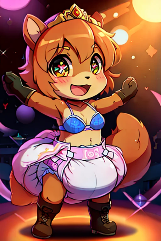 boy, squirrel, furry, bodyfur, bra, diaper, gloves, boots, chibi, sparkling eyes, idol, dancing, singing