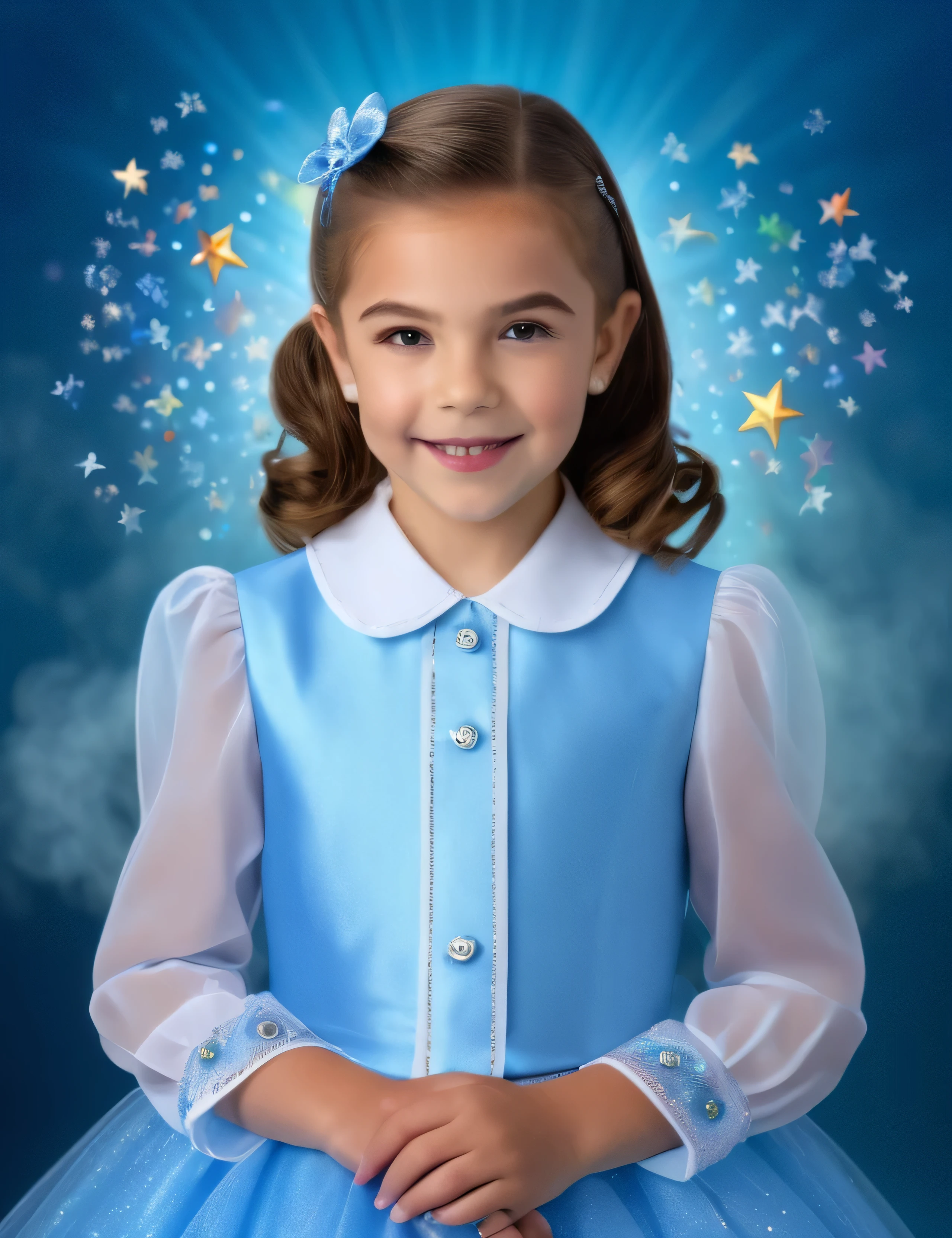 10-year-old Annabella Lugosi posing for her school picture - Sparkling, Sky blue Background, professional quality studio 8x10 UHD Digital photograph by Scott Kendall - multicolored spotlight, Photorealistic, realistic stock photo, Professional quality Photograph. colored Fog - Multicolored lightning, 3D bubbles, hearts, stars, clovers
