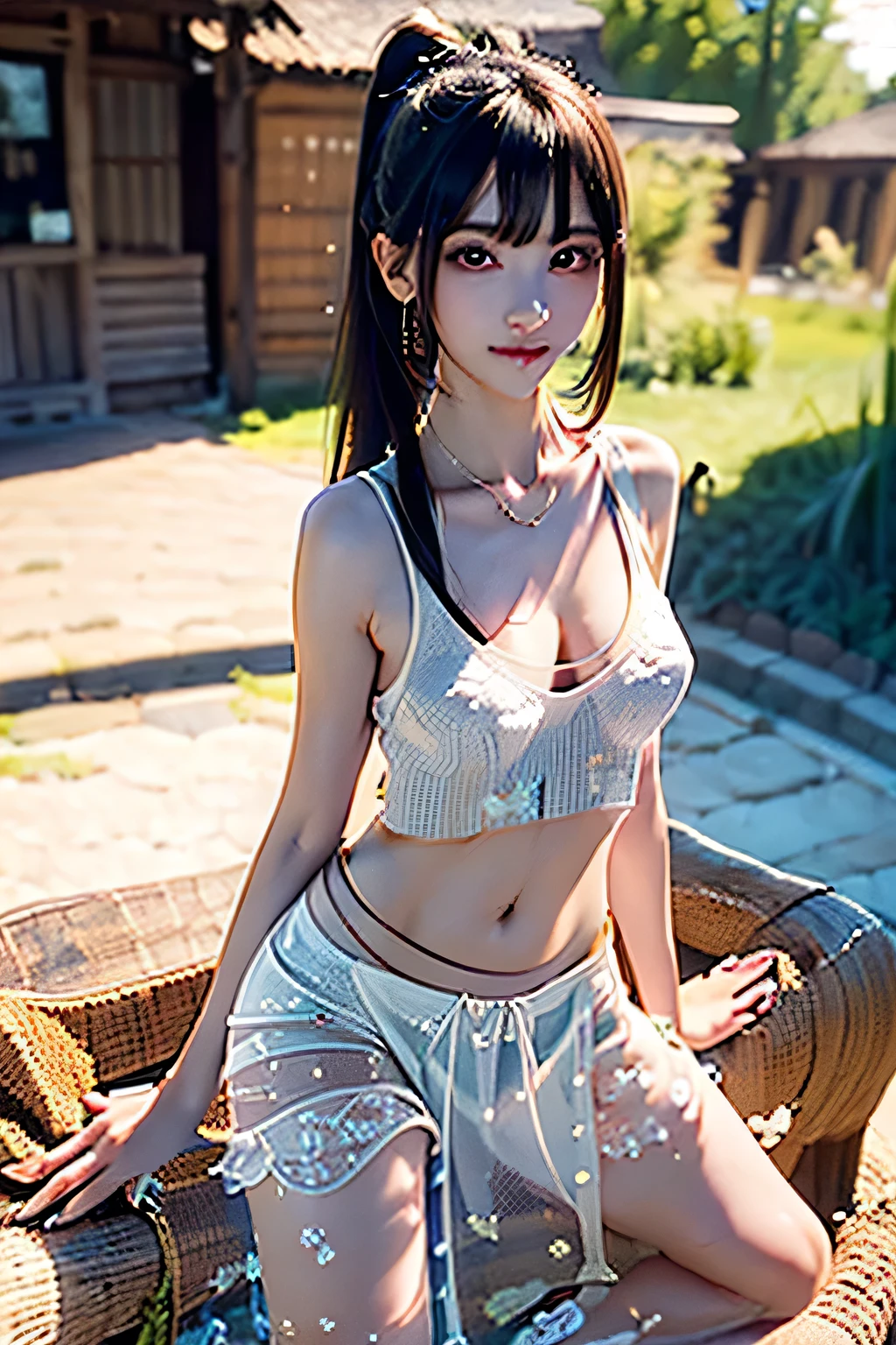 An innocent 20-year-old girl, ((white Crop Top sleeveless tee, shorts, Dramatic Pose)),smile, (High Ponytail),natural Park、RAW Photos, (8k, highest quality, masterpiece:1.2), (Intricate details:1.4)、(Photorealistic:1.4), Octane Rendering, Complex 3D rendering with ultra-detail, Studio Soft Light, Rim Light, Vivid details, Super Detail, Realistic skin texture, Detailed aspect, Beautiful details in the eyes, Highly detailed CG Unity 16k wallpaper, compensate, (Detailed Background:1.2), Glowing Skin, whole body, ((thin legs)), small waist, Cleavage, (looking at viewer:3.0), (full body:1.2)