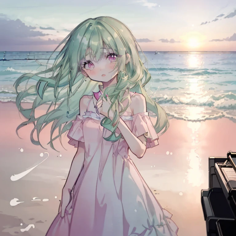 1 girl,Mint green hair,Long Hair,Curly Hair,Pink Eyes,cute,White Dress,play piano,Look to the side,Sunset sea,beach,Pink-tinted sea,gorgeous,painful,tears,Singing with Acoustic Guitar,Line up lots of candles on the beach,1 girl