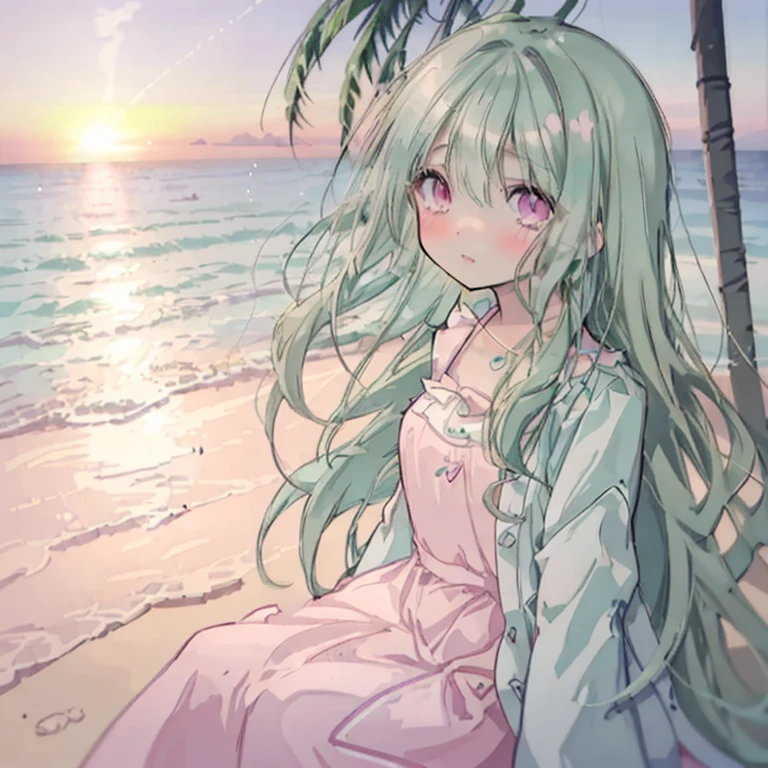 1 girl,Mint green hair,Long Hair,Curly Hair,Pink Eyes,cute,White Dress,play piano,Look to the side,Sunset sea,beach,Pink-tinted sea,gorgeous,painful,tears,Singing with Acoustic Guitar,Line up lots of candles on the beach,1 girl