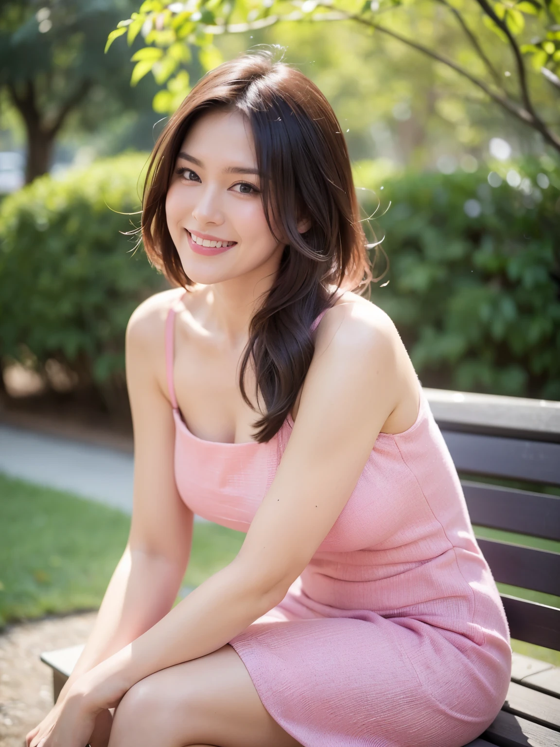 最high quality, In 8K, Masseter region, Vibrant, Sharp focus, high quality, High resolution, Detailed face, Fine grain, Thick lips, (Looking at the audience), alone, Beautiful woman, 38 years old, plum, Short black hair, Cleavage, afternoon、In front of the garden in the park,(Sit with your feet together on the bench:1.5)、(Pink Dress:1.5)、(smile:1.4)
