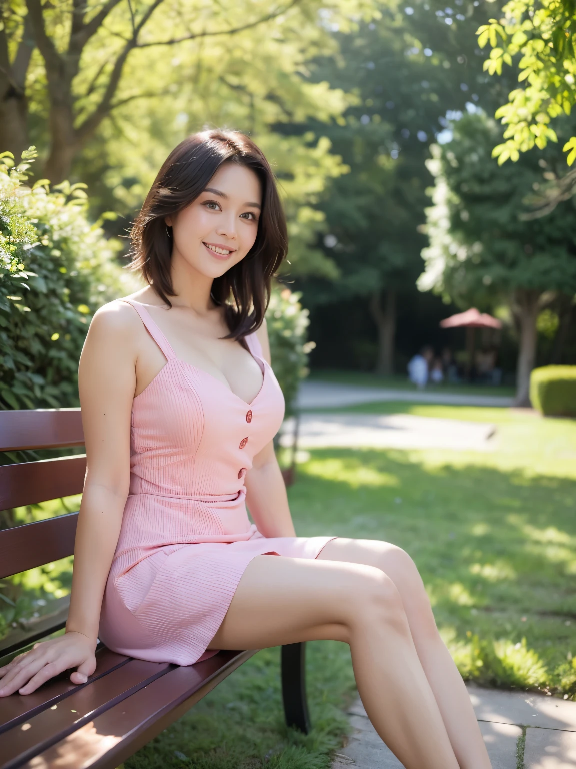 最high quality, In 8K, Masseter region, Vibrant, Sharp focus, high quality, High resolution, Detailed face, Fine grain, Thick lips, (Looking at the audience), alone, Beautiful woman, 38 years old, plum, Short black hair, Cleavage,  afternoon、In front of the garden in the park,(Sit with your feet together on the bench：1.5）、（Pink Dress：1.5）、（smile：1.4）