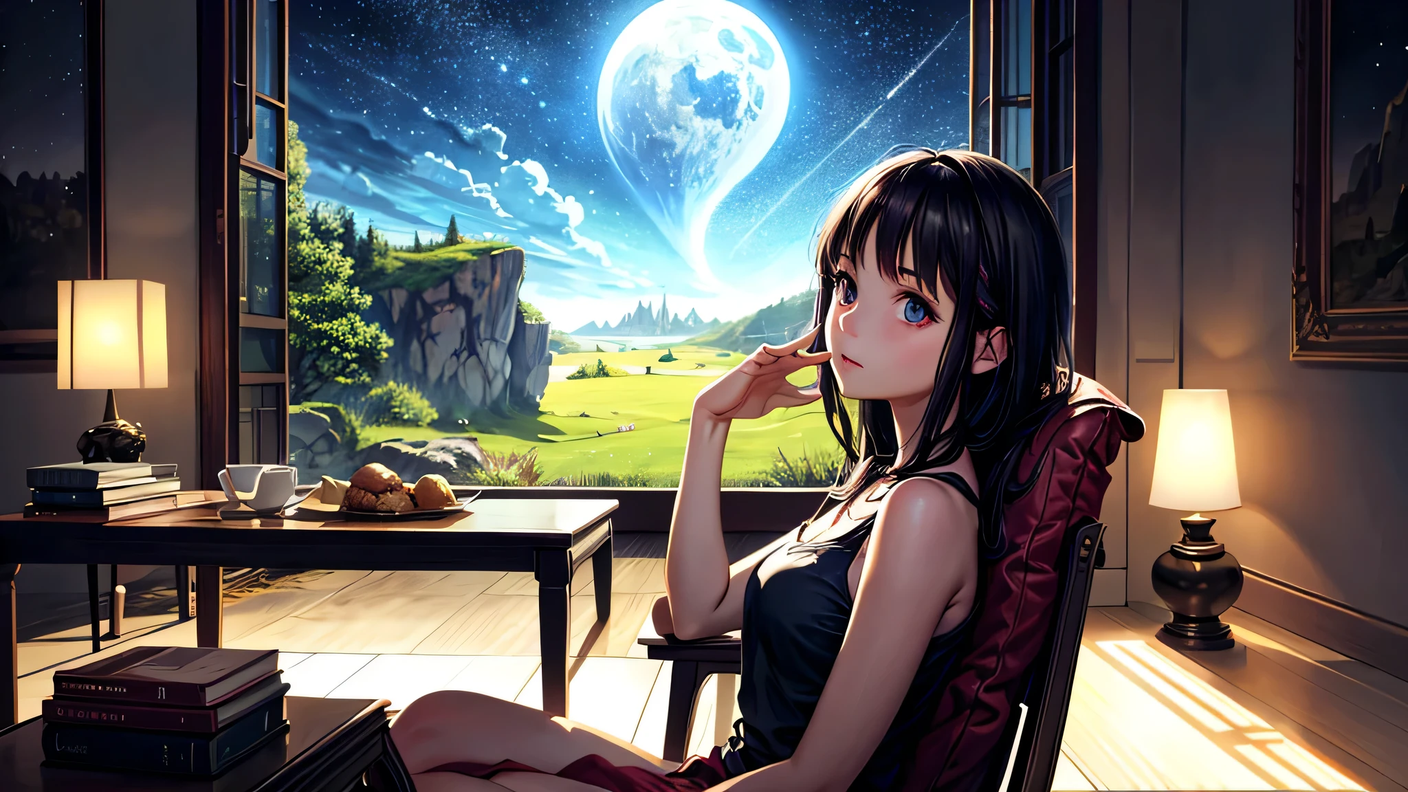 alone, Singular light, woman, face seen from the side, sideways, cosmic, fantsy, looking away:1.4, adult, busty, Ghibli-like design, living room, sitting, dark hair, studying, Completely, landscape orientation, side view, music