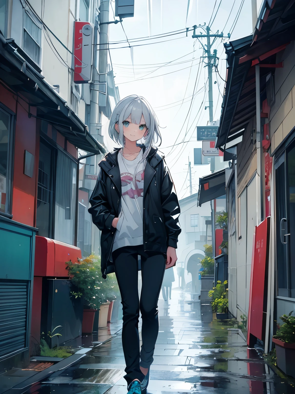 cute, masterpiece, highest quality, One girl, alone,Silver Hair, Small earrings Medium hair, casual,outside,rain,Artistic,An illustration,Pants Style,Line art,View your viewers,rainに濡れる,smile,Aqua Eye,Landscape