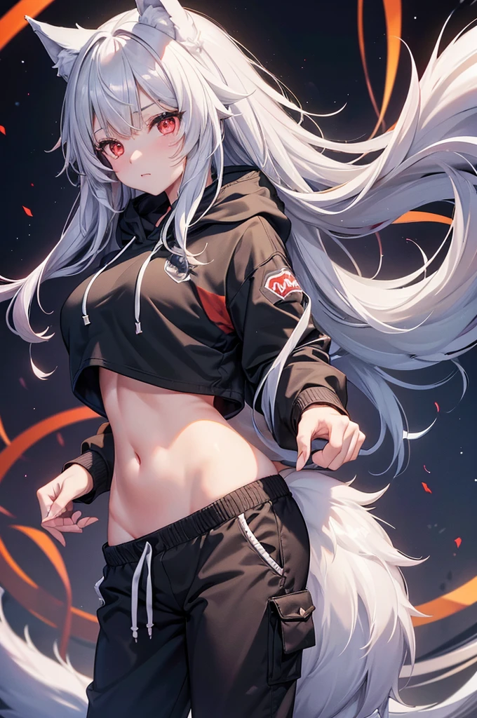 ((1girl, wolf girl, wolf girl, wolf ears, wolf tail, fluffy tail, fluffy ears, large tail, one tail, [tail attached to tailbone])), light skin, blood red eyes, black neck length hair, strong, starry eyes, stern expression, hoodie sweatshirt, cargo shorts, modestly dressed, pants down to knees, beautiful, athletic, clean fingers, well-formed fingers, no extra limbs, high detail, romanticism, film lighting, ray tracing, motion rye, uhd, high detail, top quality, 8k, safe for work,