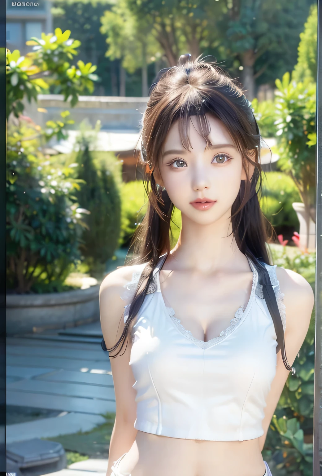 An innocent 20-year-old girl, ((white Crop Top sleeveless tee, shorts, Dramatic Pose)),smile, (High Ponytail),natural Park、RAW Photos, (8k, highest quality, masterpiece:1.2), (Intricate details:1.4)、(Photorealistic:1.4), Octane Rendering, Complex 3D rendering with ultra-detail, Studio Soft Light, Rim Light, Vivid details, Super Detail, Realistic skin texture, Detailed aspect, Beautiful details in the eyes, Highly detailed CG Unity 16k wallpaper, compensate, (Detailed Background:1.2), Glowing Skin, whole body, ((thin legs)), small waist, Cleavage, (looking at viewer:3.0)