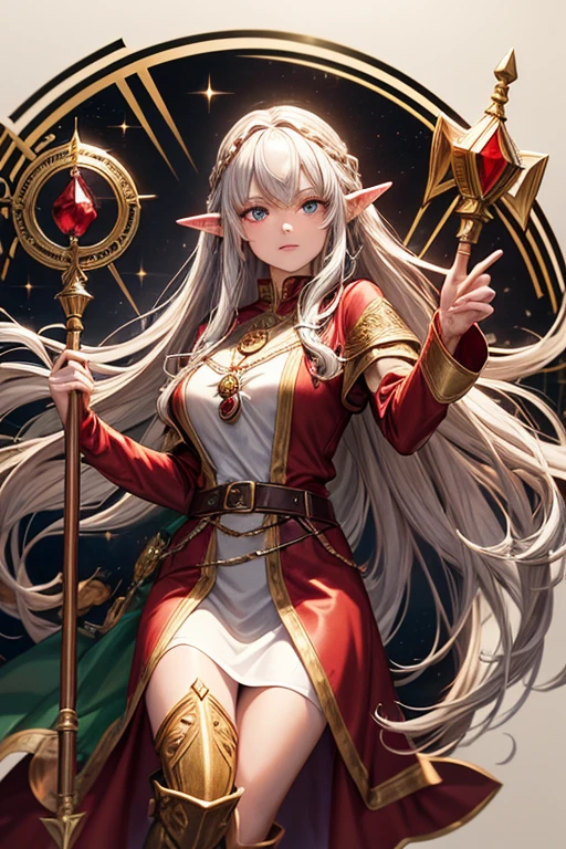 30 year old elf woman with long golden hair, long messy hairstyle with fringe, pointed elf ears, red medieval wizard clothing with gray eyes holding a scepter with red gems, magic circle ornaments, brown boots, brown leather belt , gem ornaments on forest background with magic symbols