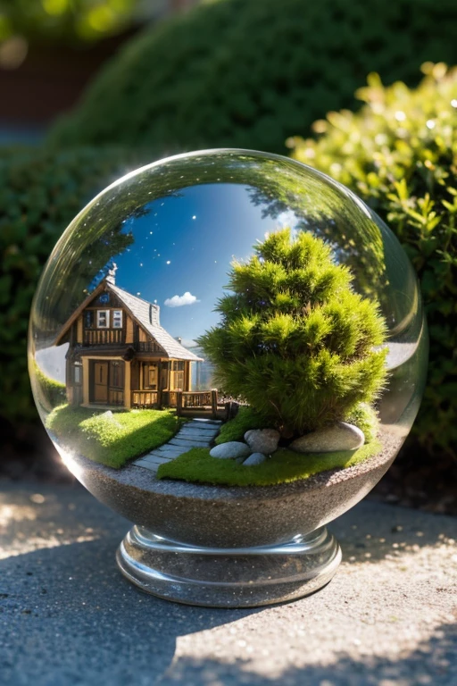 Crystal ball micro landscape，Open transparent container，moss，Stone，House model，Shimmer，Clean background，Macro Photography，8k resolution，Picture ratio 5：3