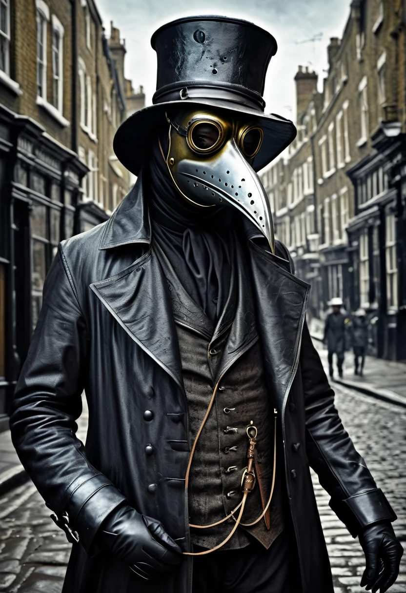 (best quality,4k,highres,masterpiece:1.2),ultra-detailed,(realistic,photorealistic,photo-realistic:1.37),intricate,victorian style,dark ambiance,HDR,plague doctor,old street of London,hyper detailed,better rendering of the plague doctor mask, leather dark mask