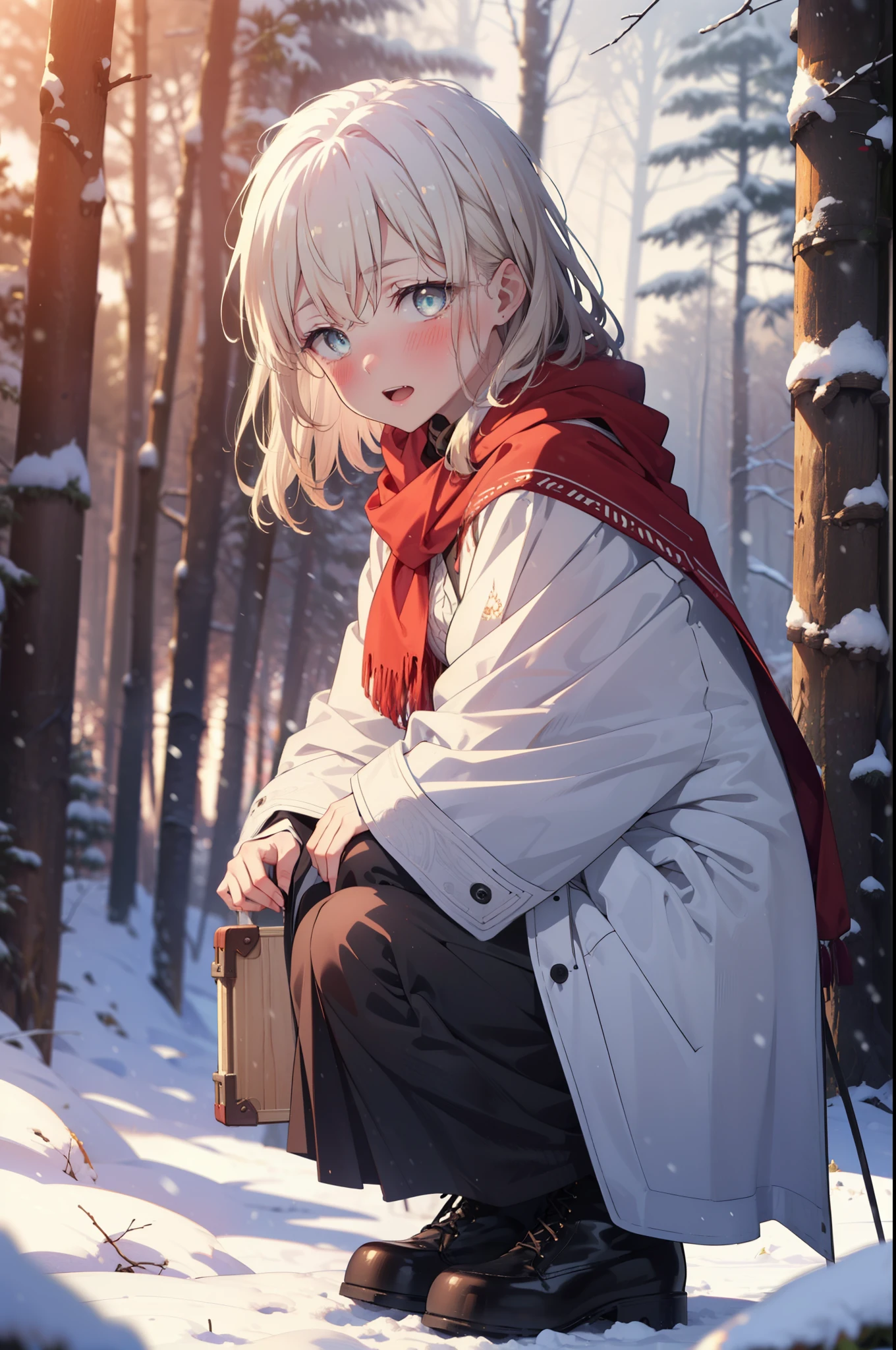 Arisburg, Alice Zuberg, bangs, blue eyes, Blonde, Hair between the eyes, Very long hair, hair band, white hair band,smile,blush,White Breath,
Open your mouth,snow,Ground bonfire, Outdoor, boots, snowing, From the side, wood, suitcase, Cape, Blurred, forest, White handbag, nature, Squat, Mouth closed,Cape, winter, Written boundary depth, Black shoes, red Cape break looking at viewer, Upper Body, whole body, break Outdoor, forest, nature, break (masterpiece:1.2), highest quality, High resolution, unity 8k wallpaper, (shape:0.8), (Beautiful and beautiful eyes:1.6), Highly detailed face, Perfect lighting, Highly detailed CG, (Perfect hands, Perfect Anatomy),