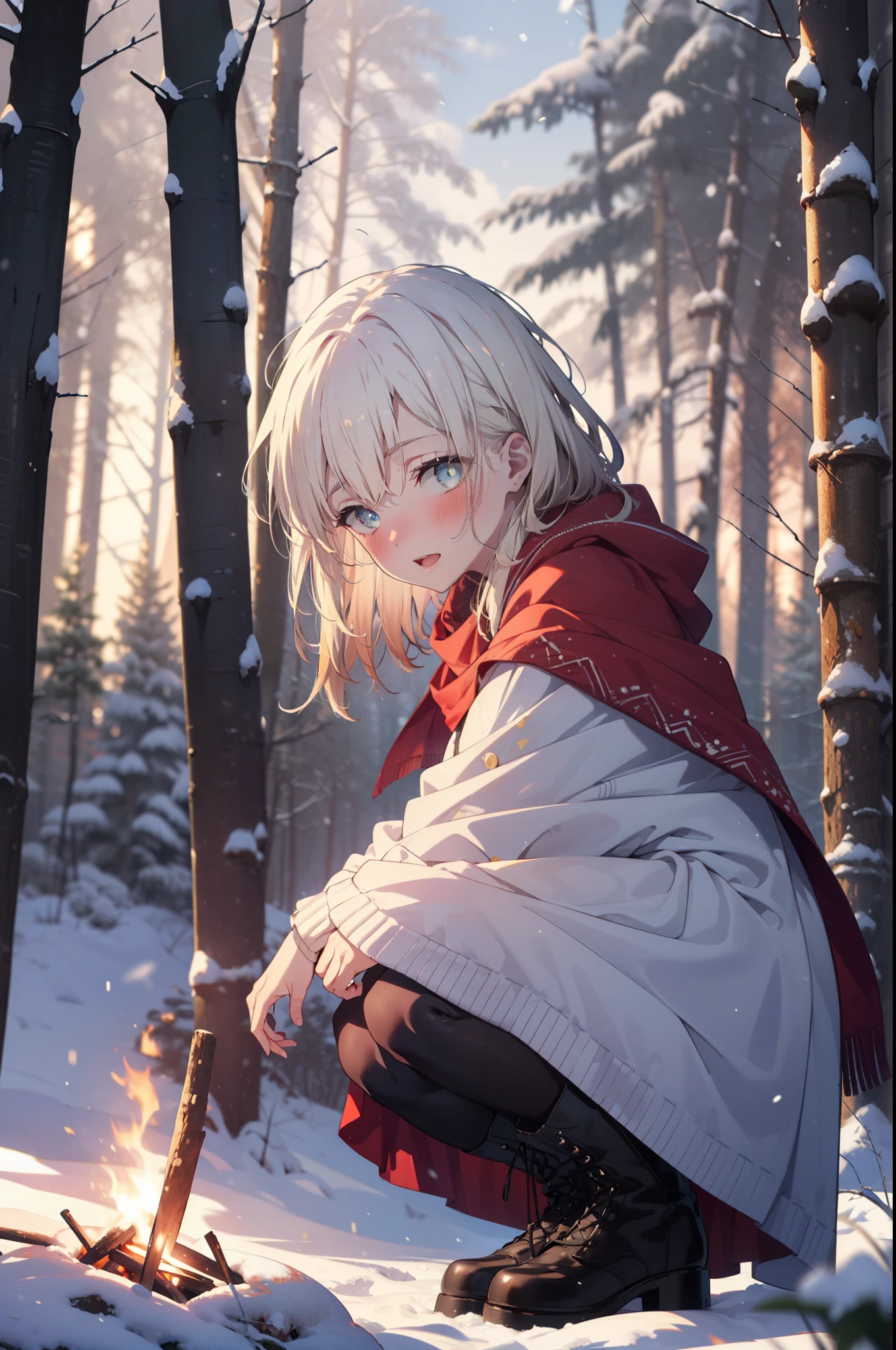 Arisburg, Alice Zuberg, bangs, blue eyes, Blonde, Hair between the eyes, Very long hair, hair band, white hair band,smile,blush,White Breath,
Open your mouth,snow,Ground bonfire, Outdoor, boots, snowing, From the side, wood, suitcase, Cape, Blurred, forest, White handbag, nature,  Squat, Mouth closed,Cape, winter, Written boundary depth, Black shoes, red Cape break looking at viewer, Upper Body, whole body, break Outdoor, forest, nature, break (masterpiece:1.2), highest quality, High resolution, unity 8k wallpaper, (shape:0.8), (Beautiful and beautiful eyes:1.6), Highly detailed face, Perfect lighting, Highly detailed CG, (Perfect hands, Perfect Anatomy),