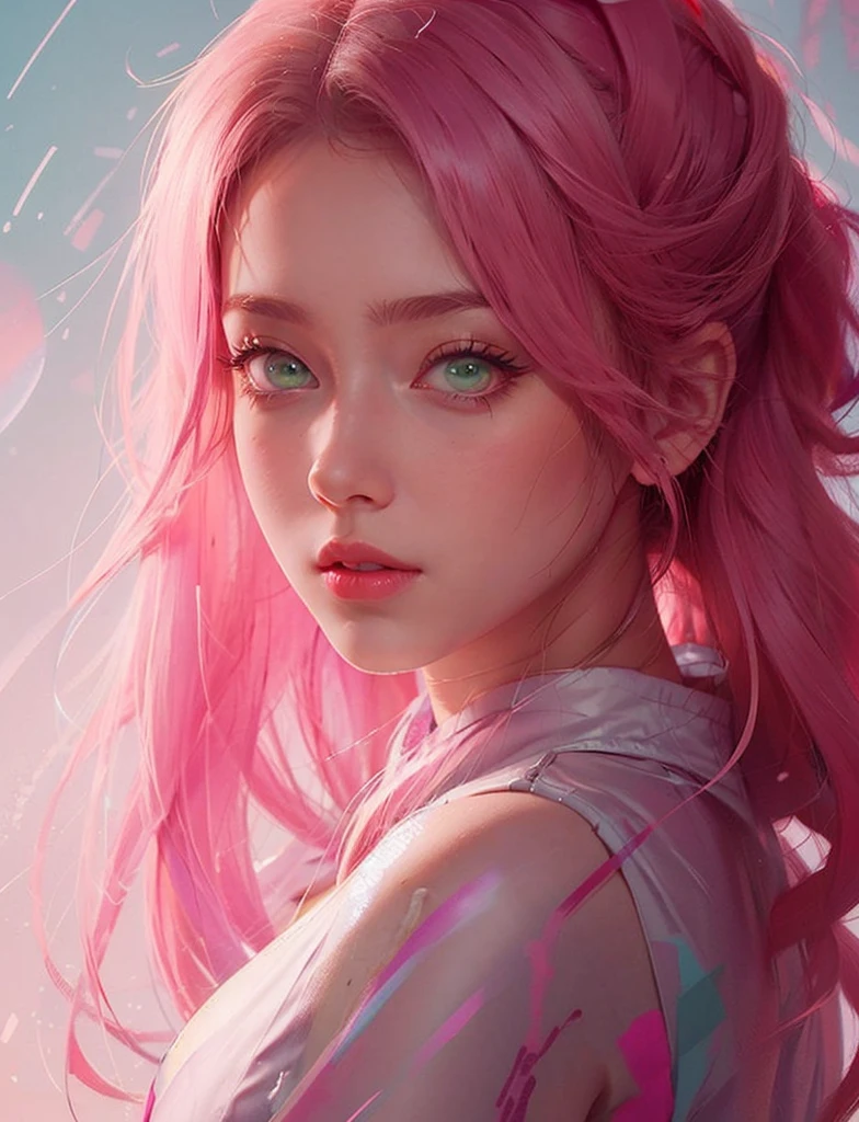young woman, short shoulder-length pink hair, wide forehead, porcelain skin, pink eyebrows, big emerald green eyes, buttoned nose, full lips, heart-shaped face, slender body, small breasts, red tank top, Sakura Haruno , realistic, realism, details, 3d, well detailed
