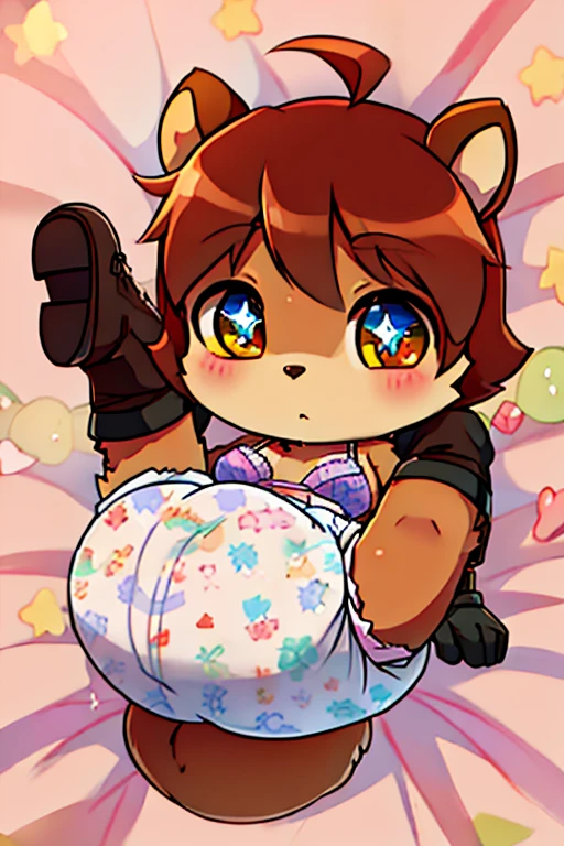 boy, squirrel, furry, bodyfur, bra, diaper, gloves, boots, chibi, sparkling eyes, legs up