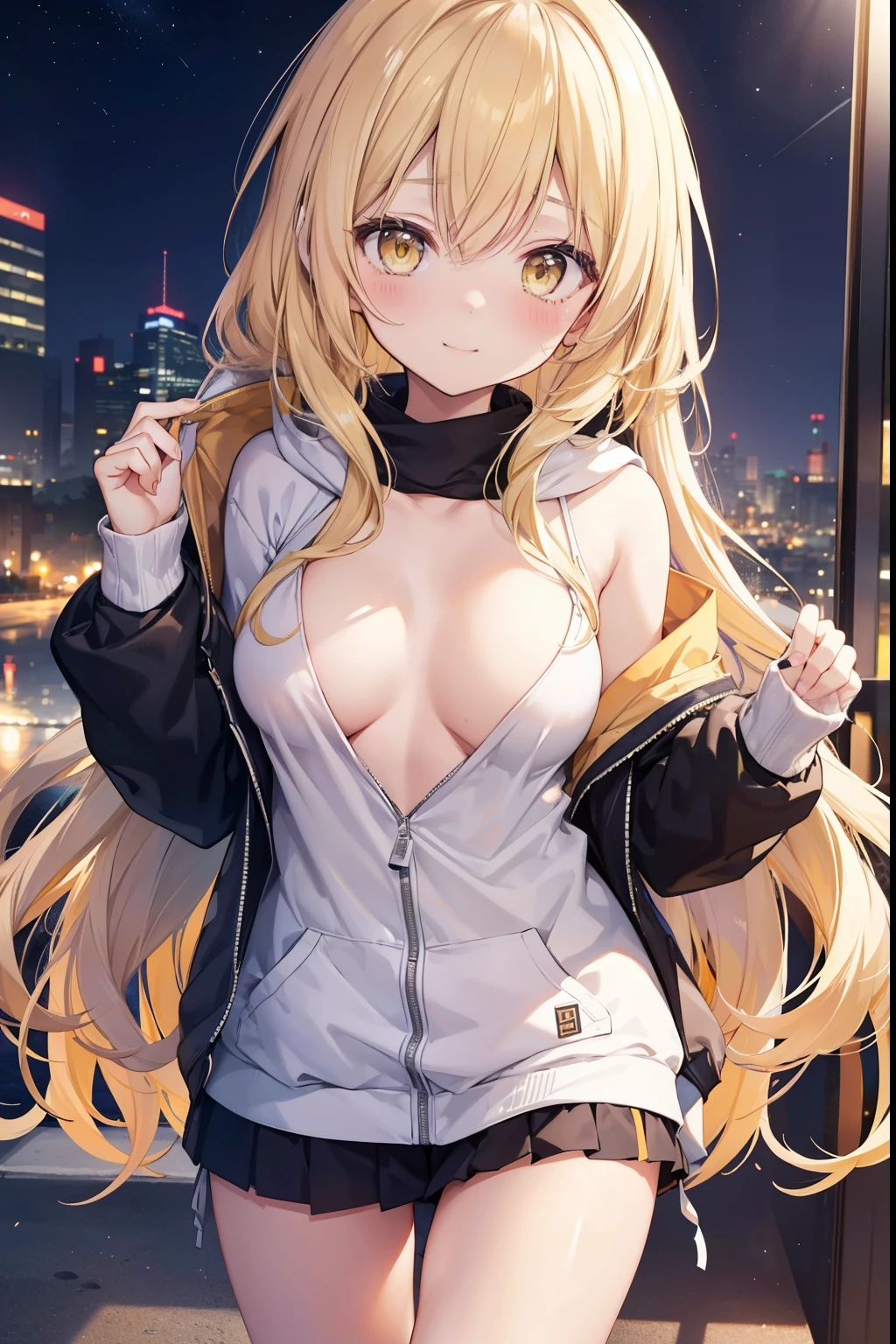 Shiina Mayu、blonde, (Yellow Eyes:1.3)、Long Hair,,blush,smile,night、Beautiful views, Attractive thighs、Beautiful bare legs, Naked in a sexy hoodie、Show off your breasts and seduce、Chest is open、Full chest、I can see your chest、Her zipper is down and open, Expose your breasts、Lolita、You can see Pantastar&#39;s work..:1.2), highest quality, High resolution, unity 8k wallpaper, (shape:0.8), (Beautiful and beautiful eyes:1.6), Highly detailed face, Perfect lighting, Extremely detailed CG, (Perfect hands, Perfect Anatomy),