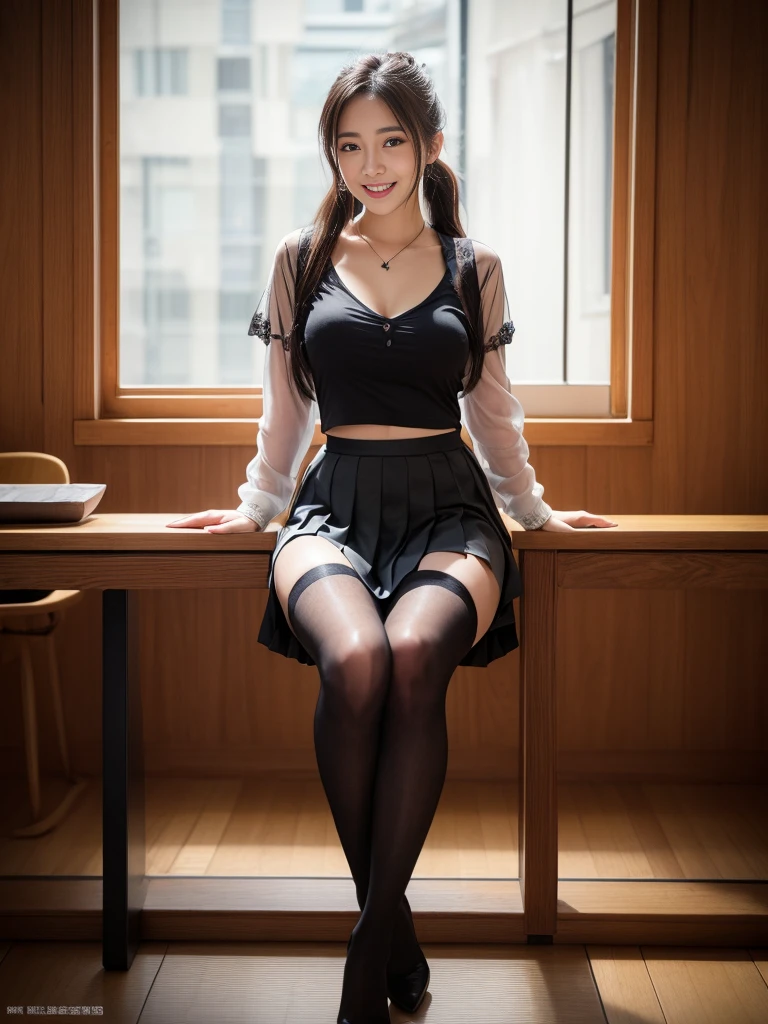 Pure young Japanese school girl, natural body, beautiful legs, wearing formal uniforms, (panty), high heels, natural makeup, natural black hair styles, sweet smile, sitting, spread wide legs, lift up skirt, professional portrait photography, sunlight, 