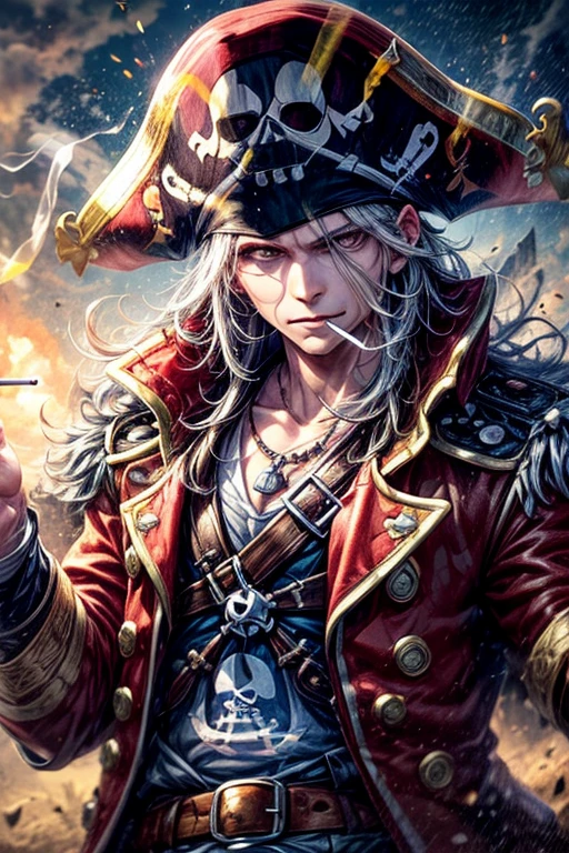 ((worst quality, low quality)), ((A pirate man in his 50s)), alone, (Close-up:1.3), (face focus:1.4), ((cigarette in mouth,🚬:1.4)), (skull tattoo), ((☠Wearing a pirate captain hat with a ️ on it)), ((Victorious and powerful eyes,brown eyes):1.2), (片目に☠️が描かれた眼帯をして:1.4), Eyepatch fearless smile, best smile, (perfect hands:1.5), (Pirate clothing:1.2), pirate, dynamic pose, (particles of light, shine of light:1.4), Pirate ship, ((☠️の描かれたpirate旗🏴‍☠️の背景:1.5)), Mate Pieces, highest quality, Super detailed,