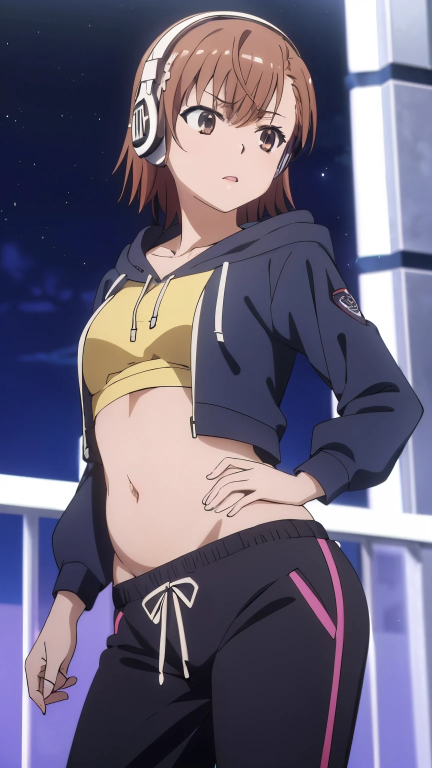 (highest quality, 8k, High resolution, masterpiece:1.2), Anime art style, colorful, Hyper Detail, misaka mikoto, Short Hair, 1 girl, Perfect Face, eye_Light_big, Small medium breasts, Soft look, alone, (hip hop dancer style,cap,Headphones on neck,pants,Hooded sweatshirt,colorfulなシャツ,belly button,Natural Lip,city,night), Dynamic Angle, Watching the audience,