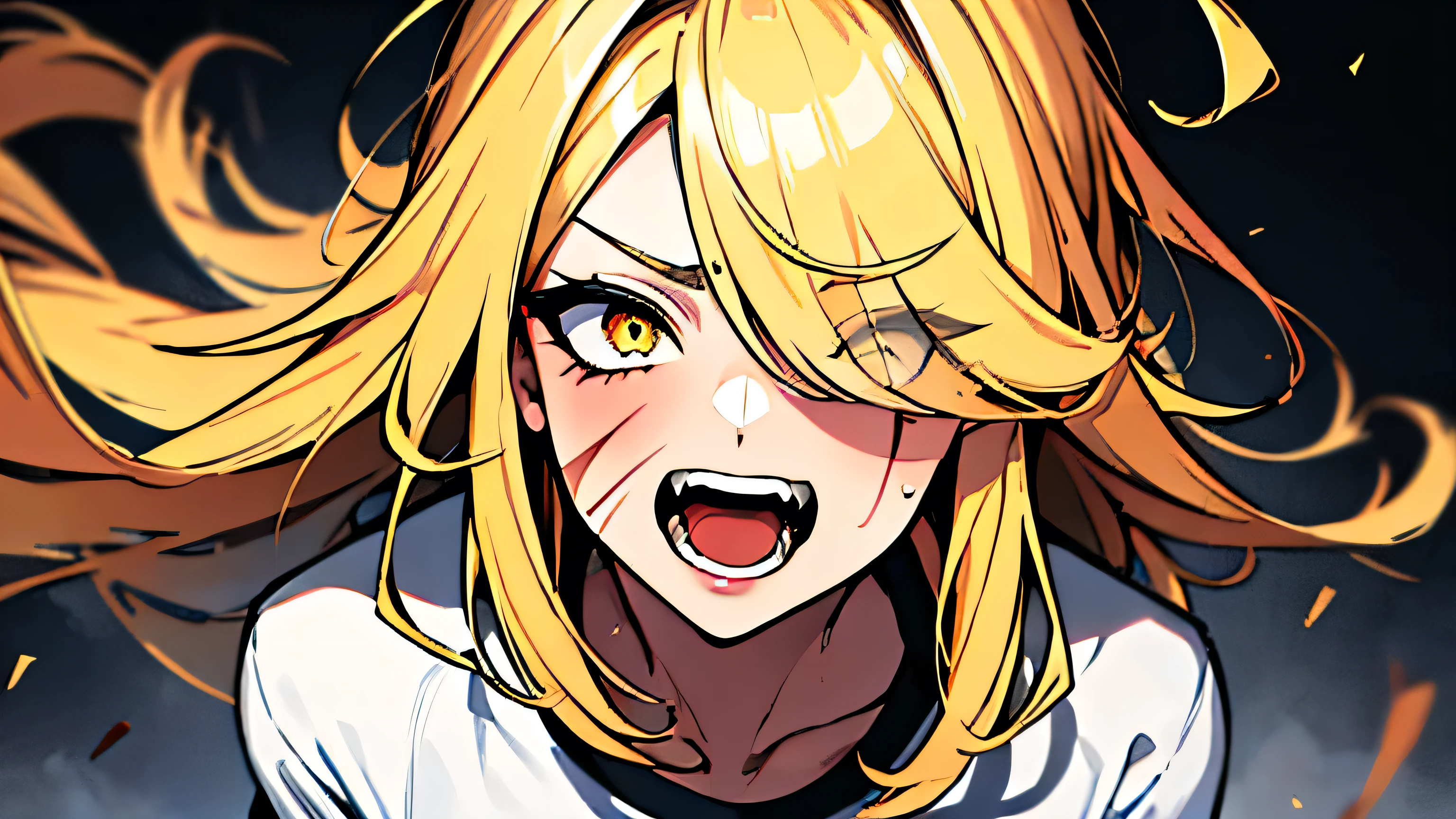 (absurdres, 8k, 4k, masterpiece, hyper extreme detailed:1.2), solo, 1girl, front view, portrait, best quality, expressive eyes, perfect face, 1girl, portrait, solo, standing, Female, toned body, mature female, small breasts, pale, hair covering one eye, long hair, adult, gold eyes, psychotic, laughing, falling, clouds, crazy eyes, messy hair, swept bangs, perfect anatomy, front view, apocalypse background, t-shirt, shorts, scars, scuffs, injuries, reckless, dangerous, blonde hair, insane, crazy, chaotic, gold, wide eyes, losing your mind, all thrill, beams of light, scared, pain pills, flying, falling, fear, fearful, restless, left behind, abandoned, near divine, screaming, midas, restless, holding head with hands,