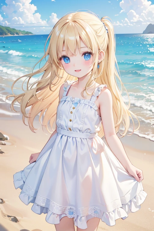 masterpiece, highest quality, High resolution, One 5-year-old girl、blue eyes、
Blonde、Vertical Roll、White dress、Stroll along the sandy beach