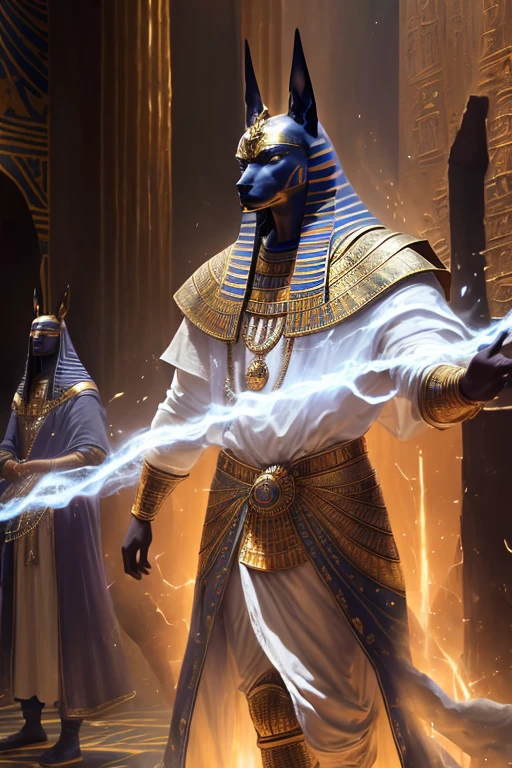 1man,godanubis in front of altar,groups of egyptian,swirl of fire,aura,magic,sparks,magic astral,illustration,ultra-detailed looking dead people in white clothes crossing a dark river(best quality,4k,8k,highres,masterpiece:1.2),realistic, ancient Egyptian portraits,vivid colors,shadows and highlights,dramatic lighting