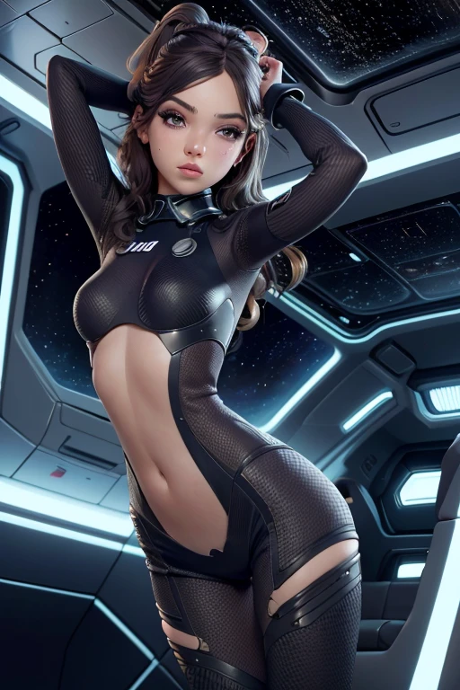 1 chica linda y hermosa, 20 years, de pie en una enorme nave espacial, Full of technology and futuristic interior., Open vision, lineas suaves, inspired by the movie space traveler, apariencia seductora, ultra high definition, piernas largas sexys