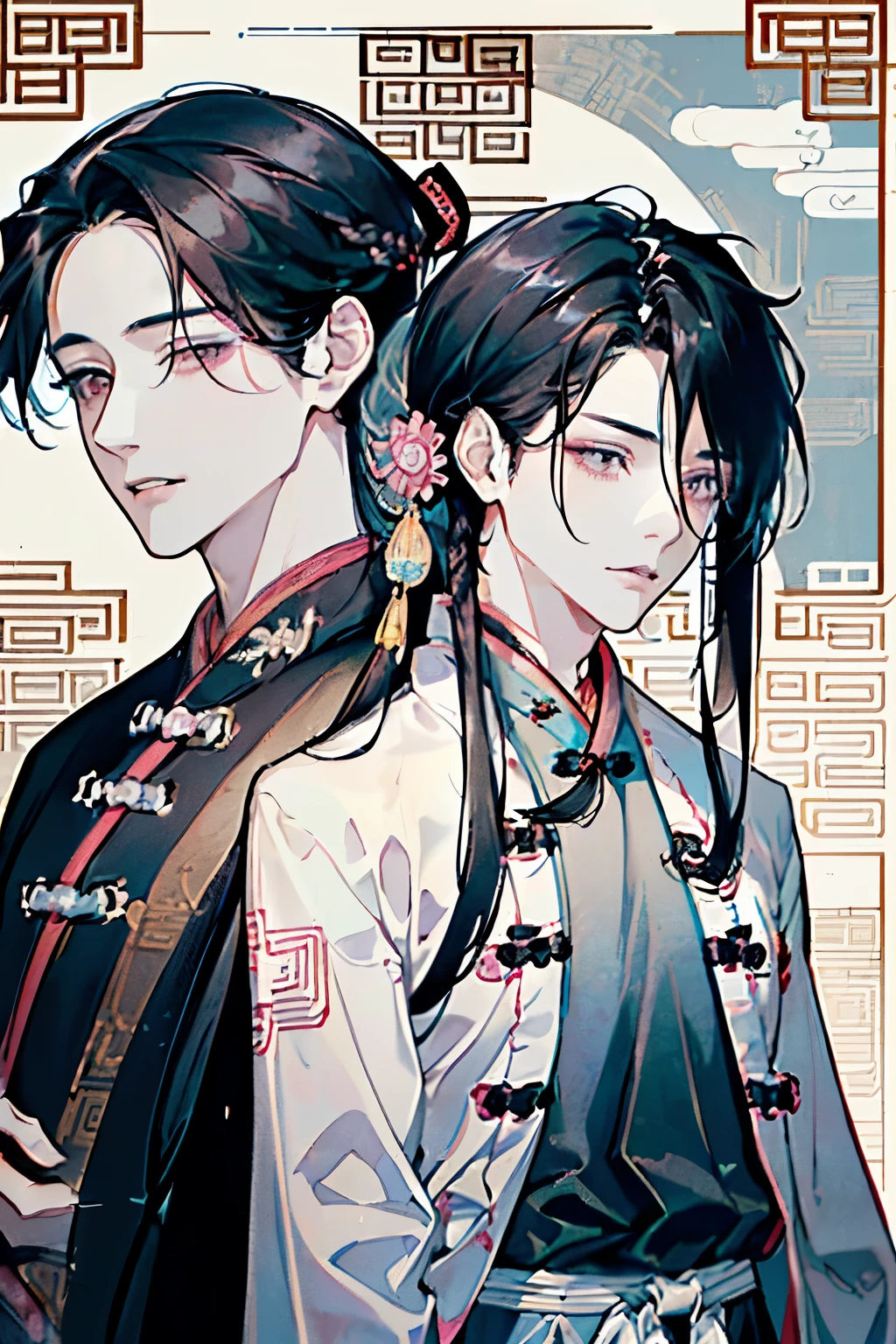 ((Two young men around 18 years old)),(Black Hair:1.3),(Long Hair:1.3),(Ancient Chinese style long-hemmed Hanfu-like clothing:1.5),(Pink and white and yellow and light blue),((Close-up of face:1.1)),((Hair tied up:1.2))