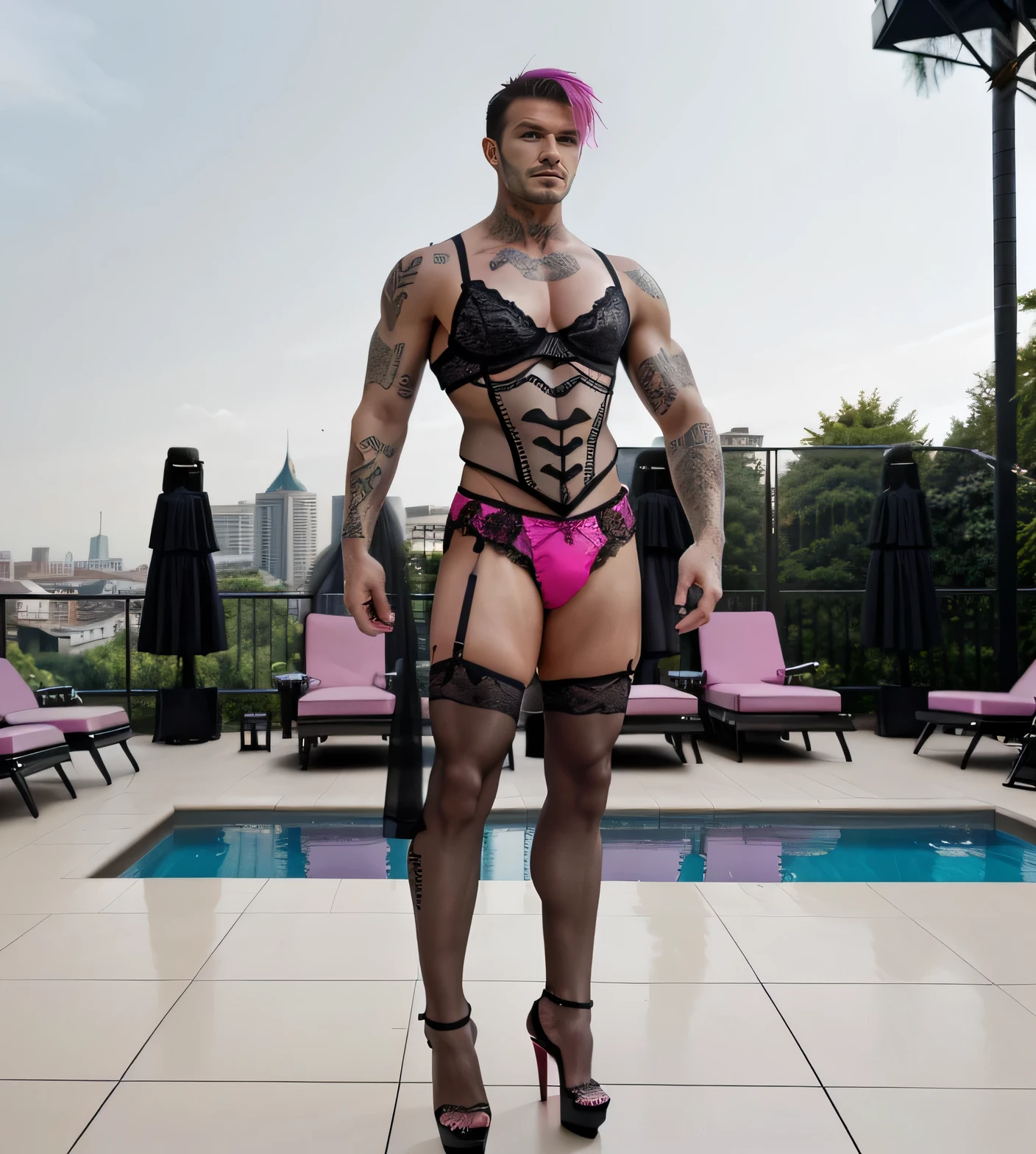 A Muscular masculine hunk man with very short hair, some tattos, hot pink panties and bra, gaff, black nylon stockings with lace top, padded bra, extreme black high heels with metal heels and closed toes, with makeup, fake nails and fake eyelashes, corset. In a posh hotel by the pool