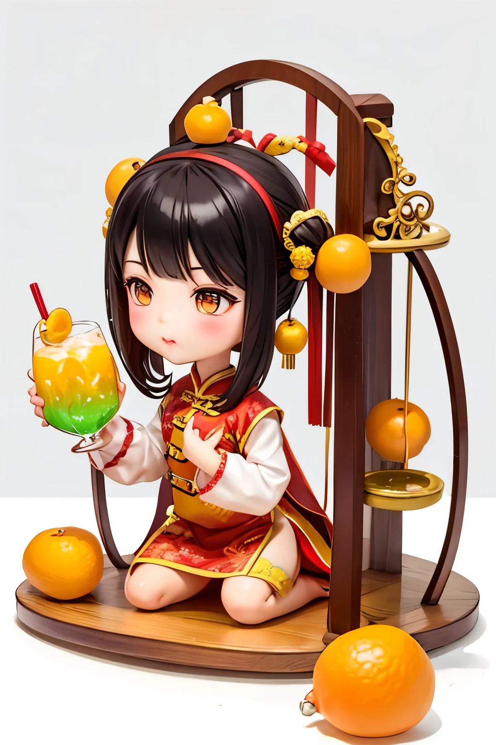 Cartoon style Chinese doll drinking salty kumquat soda 
