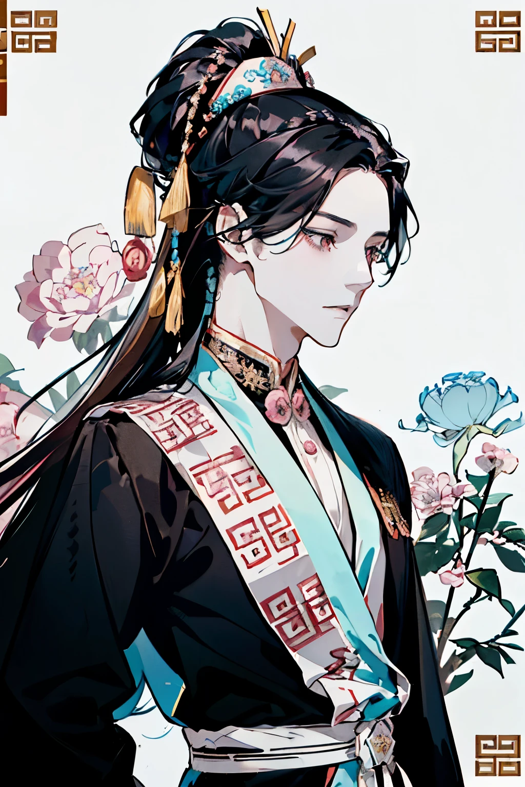 ((Two young men around 18 years old)),(Black Hair:1.3),(Long Hair:1.3),(Royal costume like that of a Chinese prince:1.5),(Pink and white and yellow and light blue),((Close-up of face:1.1)),((Hair tied up:1.2))