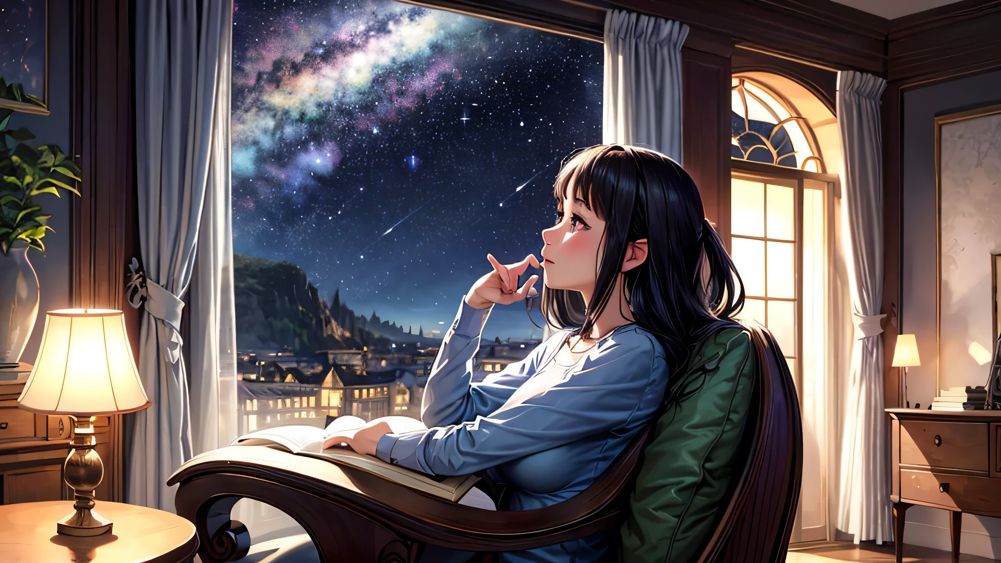alone, Singular light, woman, face seen from the side, sideways, cosmic, fantsy, looking away:1.4, adult, busty, Ghibli-like design, living room, sitting, dark hair, studying, Completely, landscape orientation, side view, music