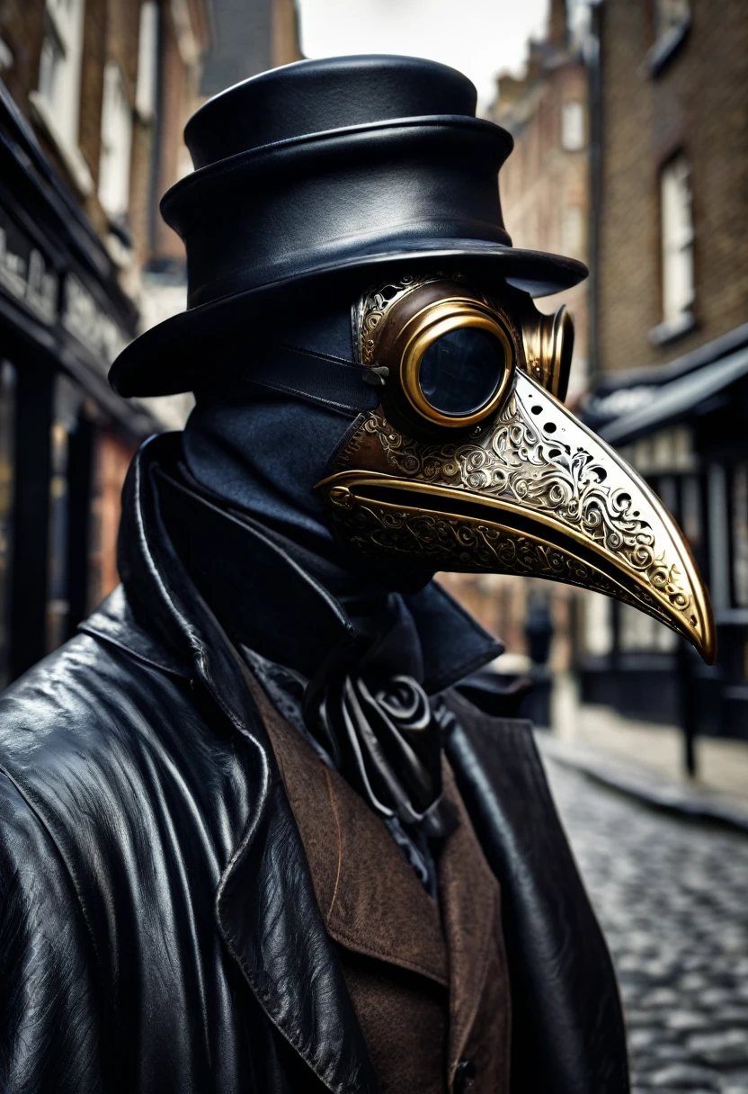 (best quality,4k,highres,masterpiece:1.2),ultra-detailed,(realistic,photorealistic,photo-realistic:1.37),intricate,victorian style,dark ambiance,HDR,plague doctor,old street of London,hyper detailed,better rendering of the plague doctor mask, leather dark mask