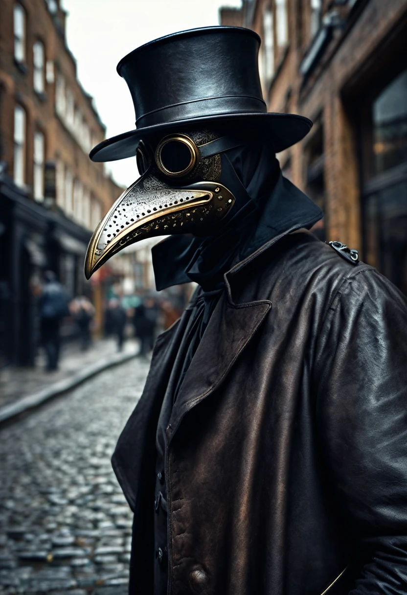 (best quality,4k,highres,masterpiece:1.2),ultra-detailed,(realistic,photorealistic,photo-realistic:1.37),intricate,victorian style,dark ambiance,HDR,plague doctor,old street of London,hyper detailed,better rendering of the plague doctor mask, leather dark mask