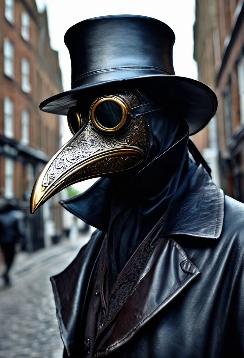 (best quality,4k,highres,masterpiece:1.2),ultra-detailed,(realistic,photorealistic,photo-realistic:1.37),intricate,victorian style,dark ambiance,HDR,plague doctor,old street of London,hyper detailed,better rendering of the plague doctor mask, leather dark mask