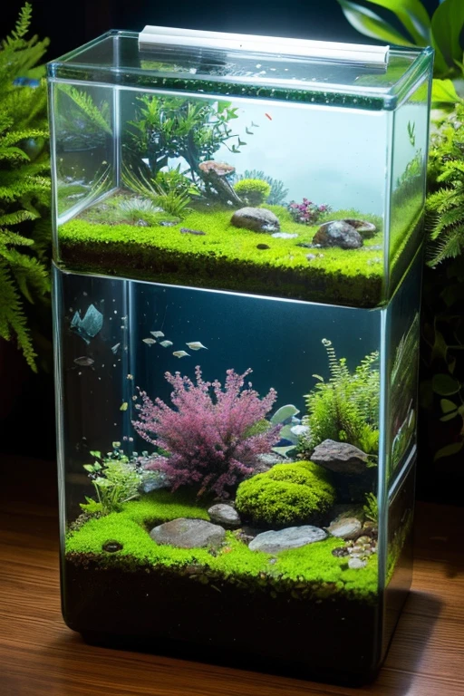 Ecological fish tank micro landscape,Open transparent container,moss,Stone,House model,Shimmer,Clean background,Macro Photography,8k resolution,Picture ratio 5:3