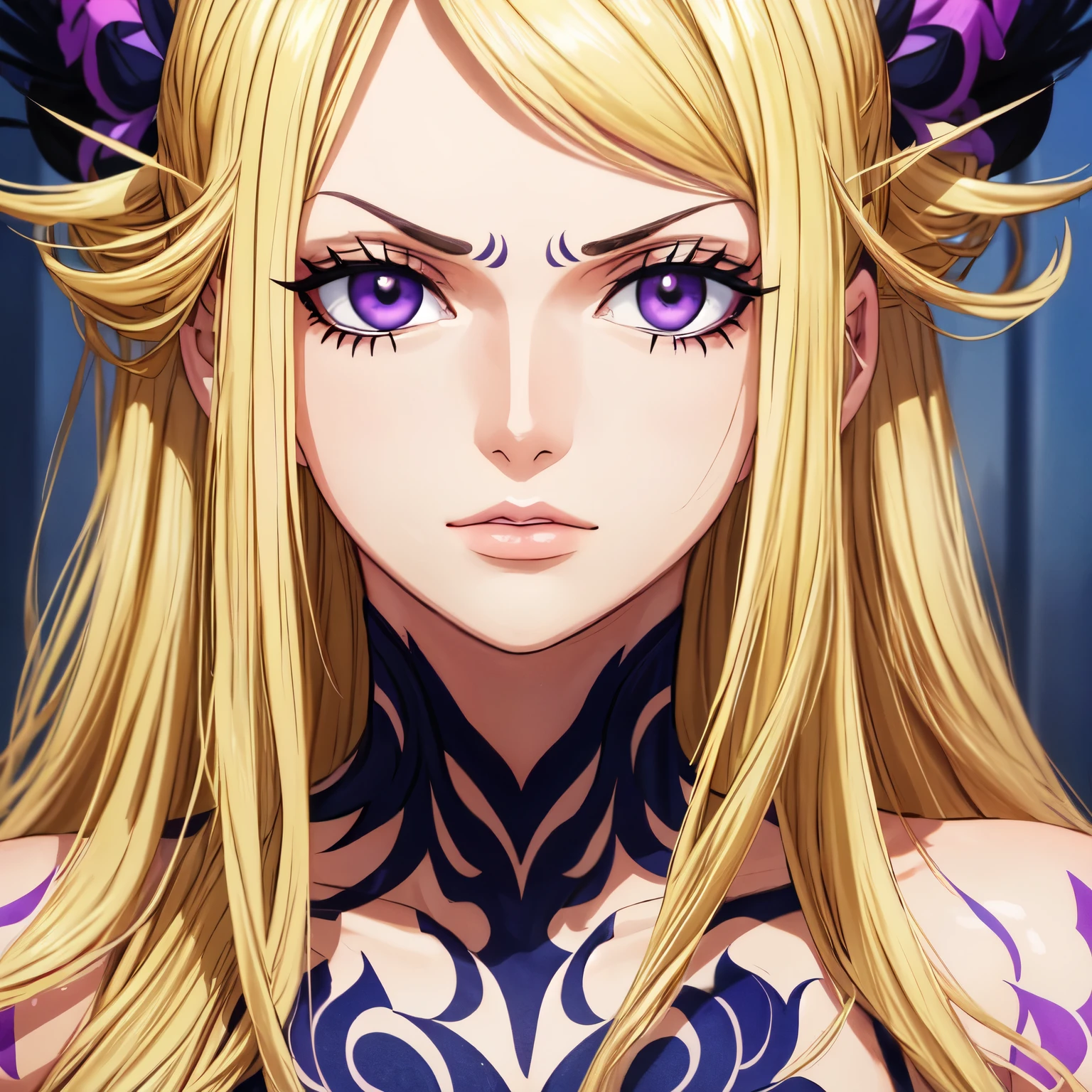 ((best quality)), ((masterpiece)), (detailed), Perfect face,Purple Eyes,blonde,fierce,woman,There are tattoos on the face,
