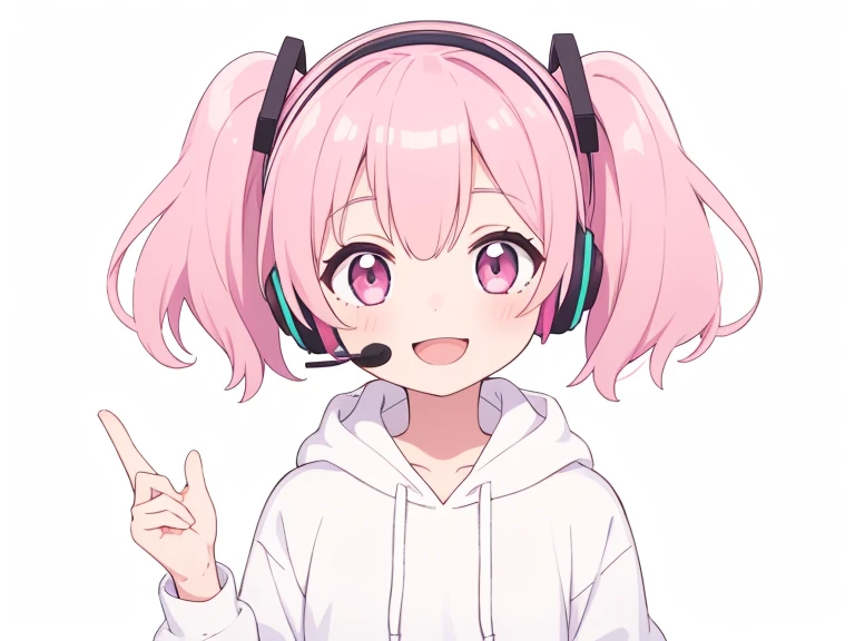 One Girl、teacher、Have a teaching staff、White hoodie、Dark pink hair、Twin tails、short hair、Pink Eyes、headset、A happy smile、Upper Body、Simple Background、White Background