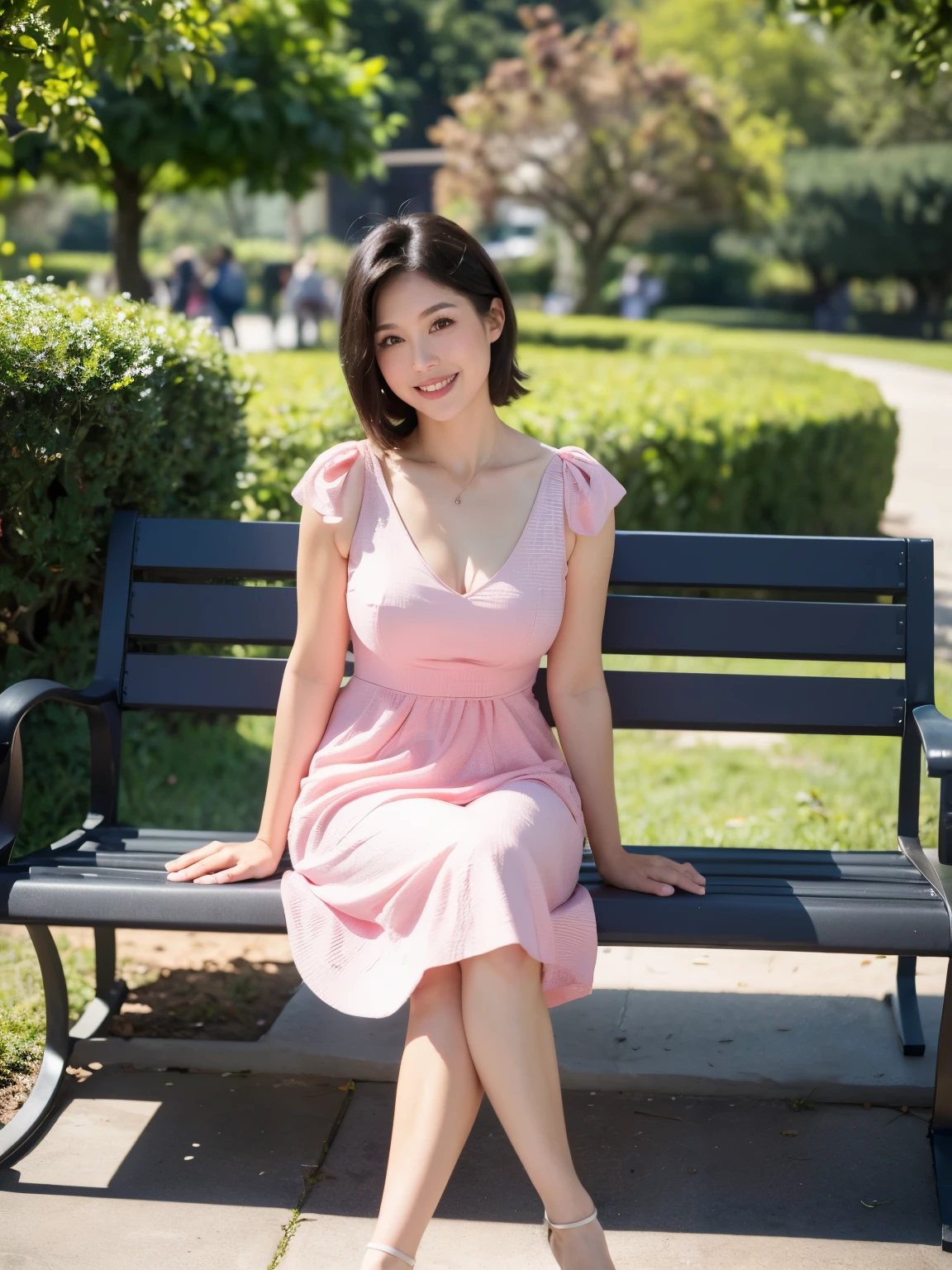 最high quality, In 8K, Masseter region, Vibrant, Sharp focus, high quality, High resolution, Detailed face, Fine grain, Thick lips, (Looking at the audience), alone, Beautiful woman, 38 years old, (Short black hair:1.4), Cleavage, afternoon、In front of the garden in the park,(Sit with your feet together on the bench:1.5)、(Pink Dress:1.5)、(smile:1.4)