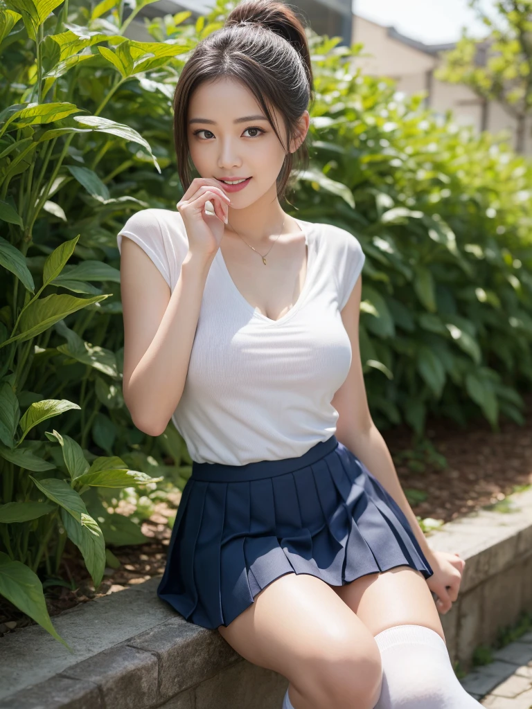 ((masterpiece))、Tabletop, highest quality, Photorealistic, In detail, High resolution, 8k wallpaper, Perfect dynamic composition, Beautiful fine details, ponytail, Beautiful breasts,Put your chest together、(See-through clothing,Pleated skirt,Knee-high socks)、garden、Laughter、Open your mouth、24-years-old、(Beautiful Eyes 1.4)、Adult Beauty、Japanese