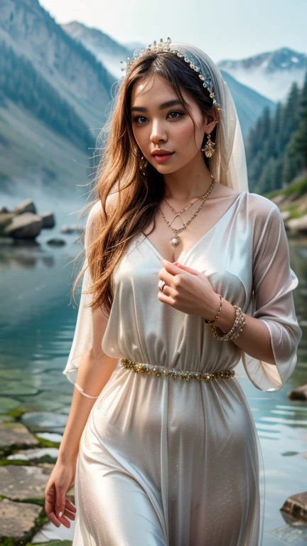 a gorgeous girl in a silk hijab in a misty mountains and a clean crystal water, floating lotus flowers, flowing silk dress, show the wind blowing her hijab and dress, necklace, bracelet, ring, detailed detail, real skin texture, realistic image, ultra sharp,