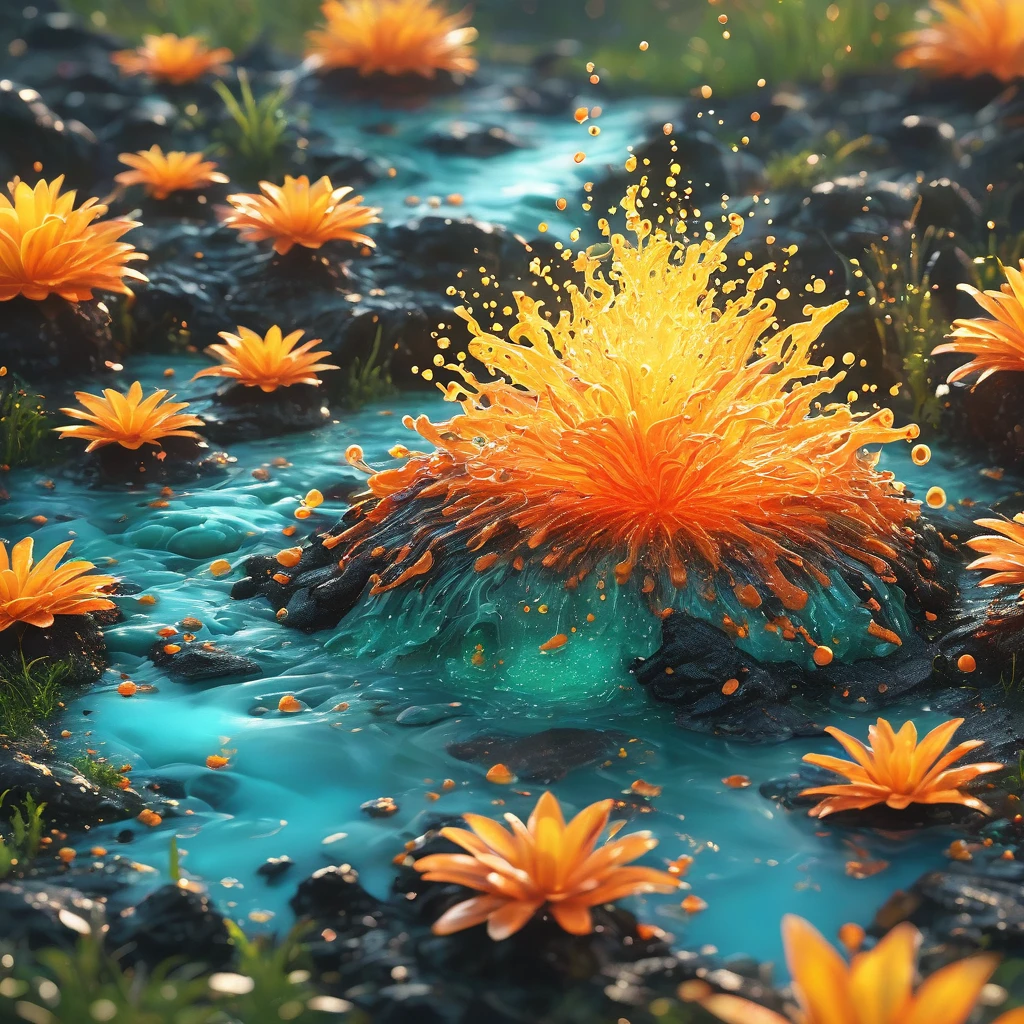 best quality, very good, 16K, ridiculous, Extremely detailed, Gorgeous slime sparks,Made of translucent boiling lava, Background grassland((A masterpiece full of fantasy elements))), ((best quality)), ((Intricate details))(8k)