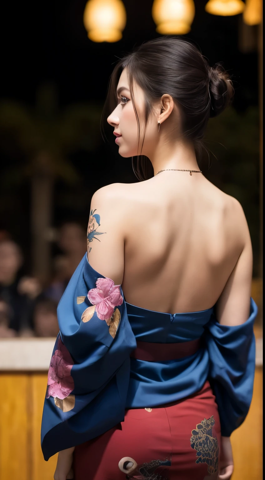 masterpiece, highest quality, highest quality, Official Art, beautifully、aesthetic:1.2),1 girl, tattoo, alone, kimono, red and black kimono, hair ornaments, unsheathing, Black Hair, sheath, back tattoo, dragon tattoo, blue eyes, Off the shoulder, Exposing shoulders, Looking Back, From behind, flower, Looking at the audience, Holding, compensate, Outdoor,