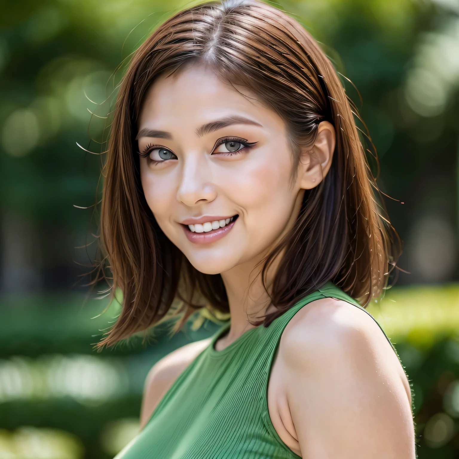 (8k, RAW Photos, highest quality, masterpiece, Realistic, Realistic), (1 female), (Ultimate beauty), Highly detailed face, (Perfect Teeth), Beautiful Eyes, double eyelid, eyelash, smile, Lip details, Brunette Bob, The light shines on your face, Big Breasts, ((T-Shirts)), ((Upper Body)), (background: garden), ((Written boundary depth))